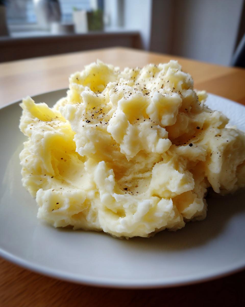 A generous serving of fluffy, creamy mashed potatoes seasoned with freshly cracked black pepper on a light plate.