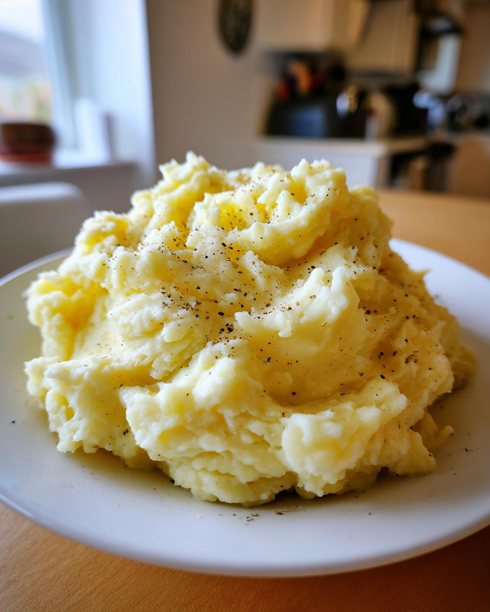 A generous serving of rich, creamy mashed potatoes seasoned with cracked black pepper on a white plate.
