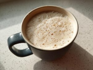 Close-up of a mug filled with creamy, foamy white hot chocolate sitting on a speckled countertop.