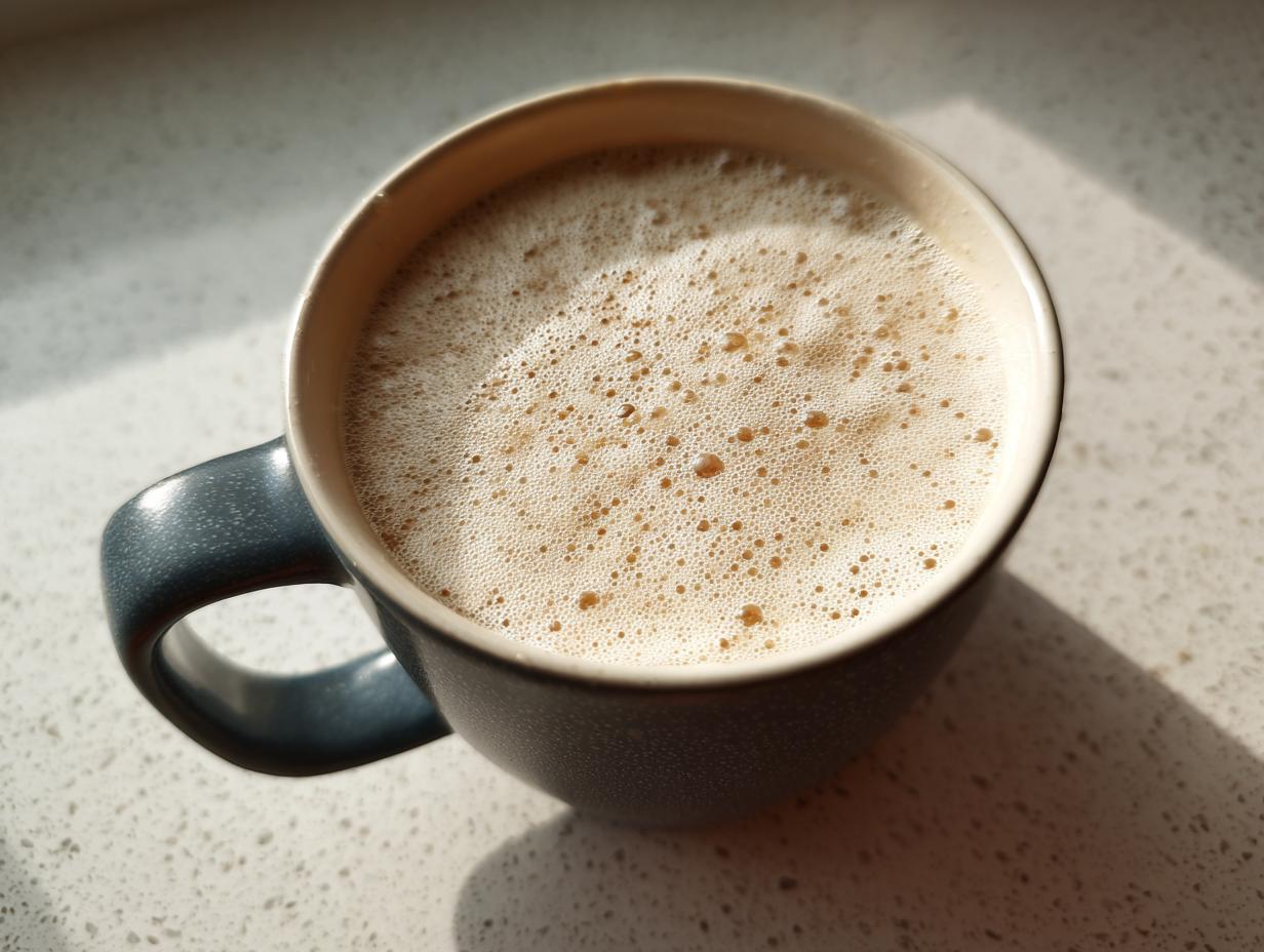 Close-up of a mug filled with creamy, foamy white hot chocolate sitting on a speckled countertop.