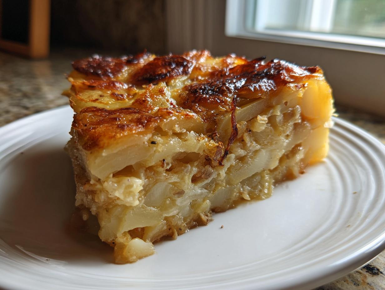 A thick slice of rich french onion potato bake with a caramelized, cheesy top layer.