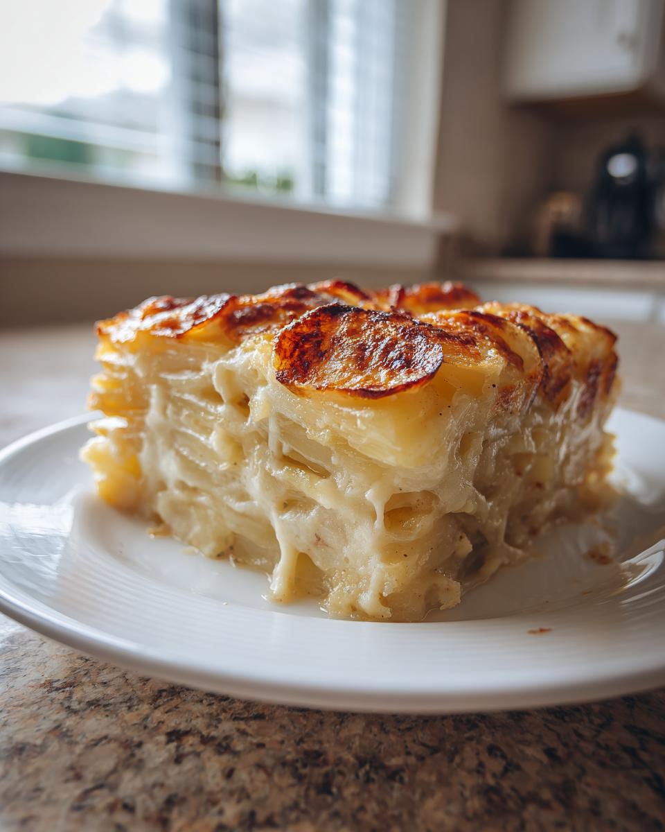 A thick slice of creamy french onion potato bake showing layered potatoes and a golden-brown top.