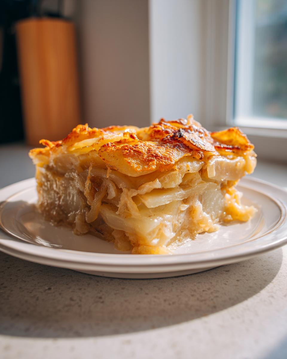 A square slice of creamy french onion potato bake with a golden, cheesy, baked top resting on a white plate.