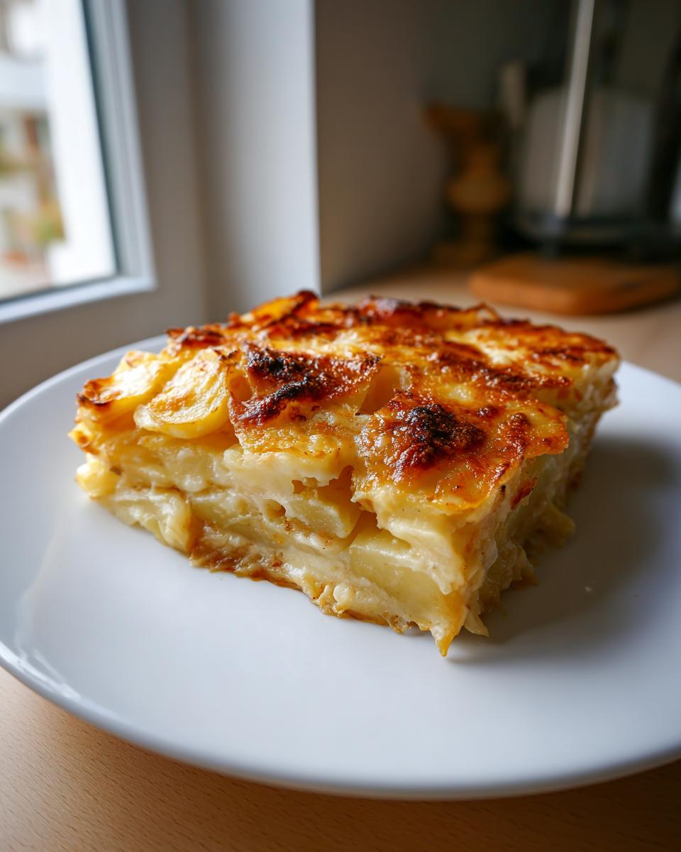 A perfectly baked slice of french onion potato bake with a golden, browned cheesy top.