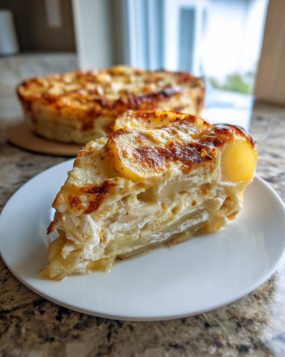 A thick slice of creamy french onion potato bake with a beautifully browned, cheesy top, served on a white plate.