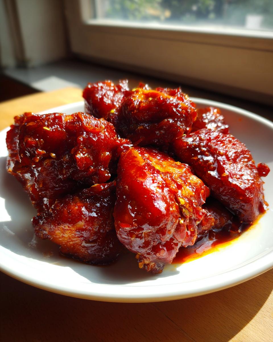 Close-up of sticky, glossy gochujang chicken pieces coated in a vibrant red sauce, served on a white plate.