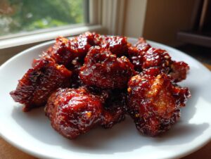 Close-up of crispy, glazed gochujang chicken pieces sprinkled with sesame seeds on a white plate.