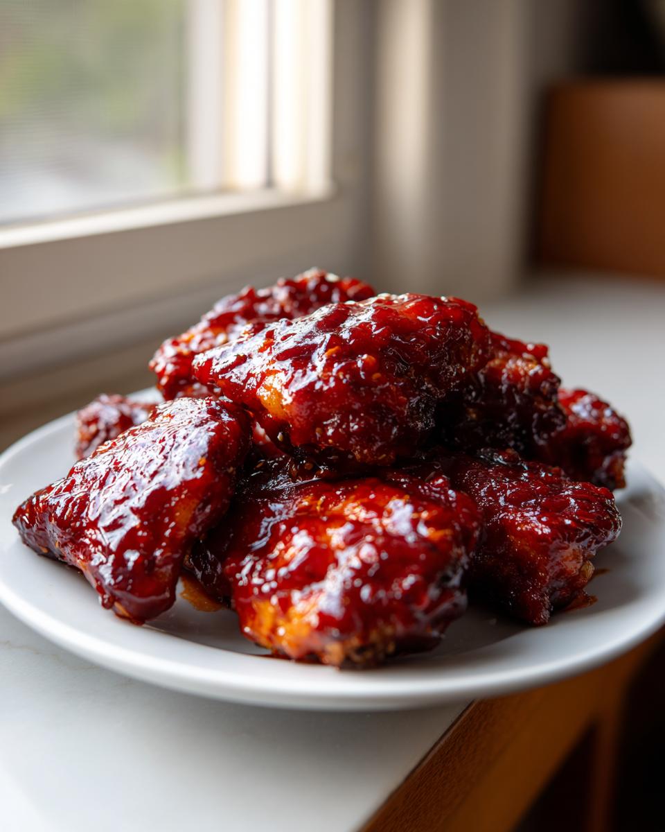 A close-up of sticky, glossy gochujang chicken wings piled high on a white plate near a window.