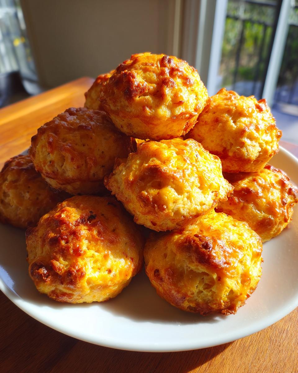 A stack of golden brown, freshly baked sausage balls piled high on a white plate near a window.