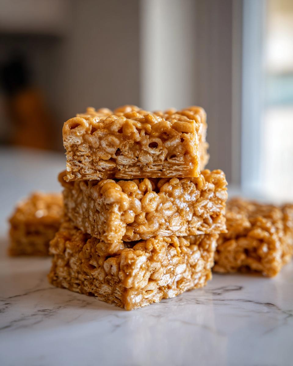 A stack of three chewy, golden brown cheerio bars resting on a white marble surface.
