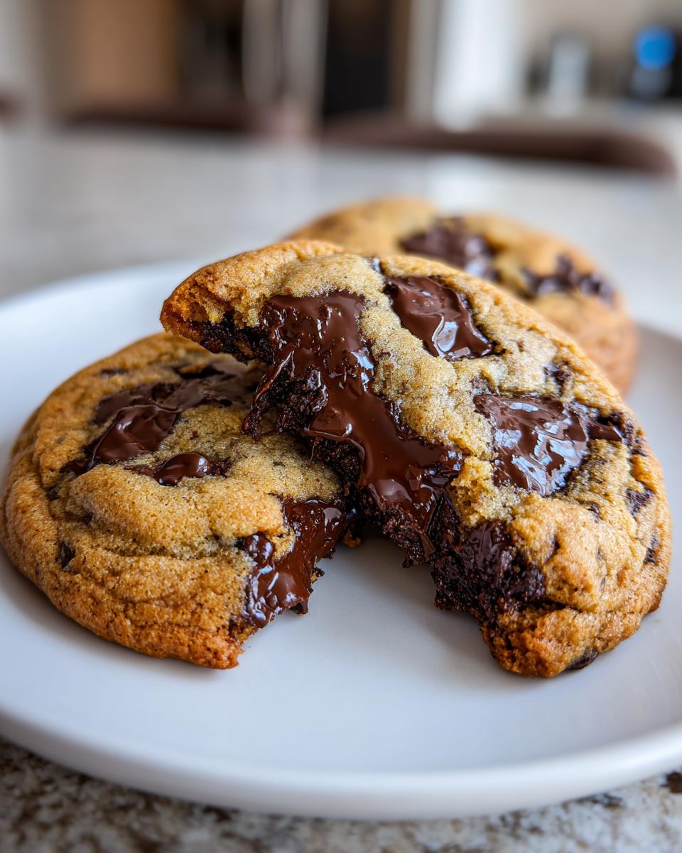 Close-up of a warm chocolate chip cookie broken open, showing melted, gooey chocolate filling.
