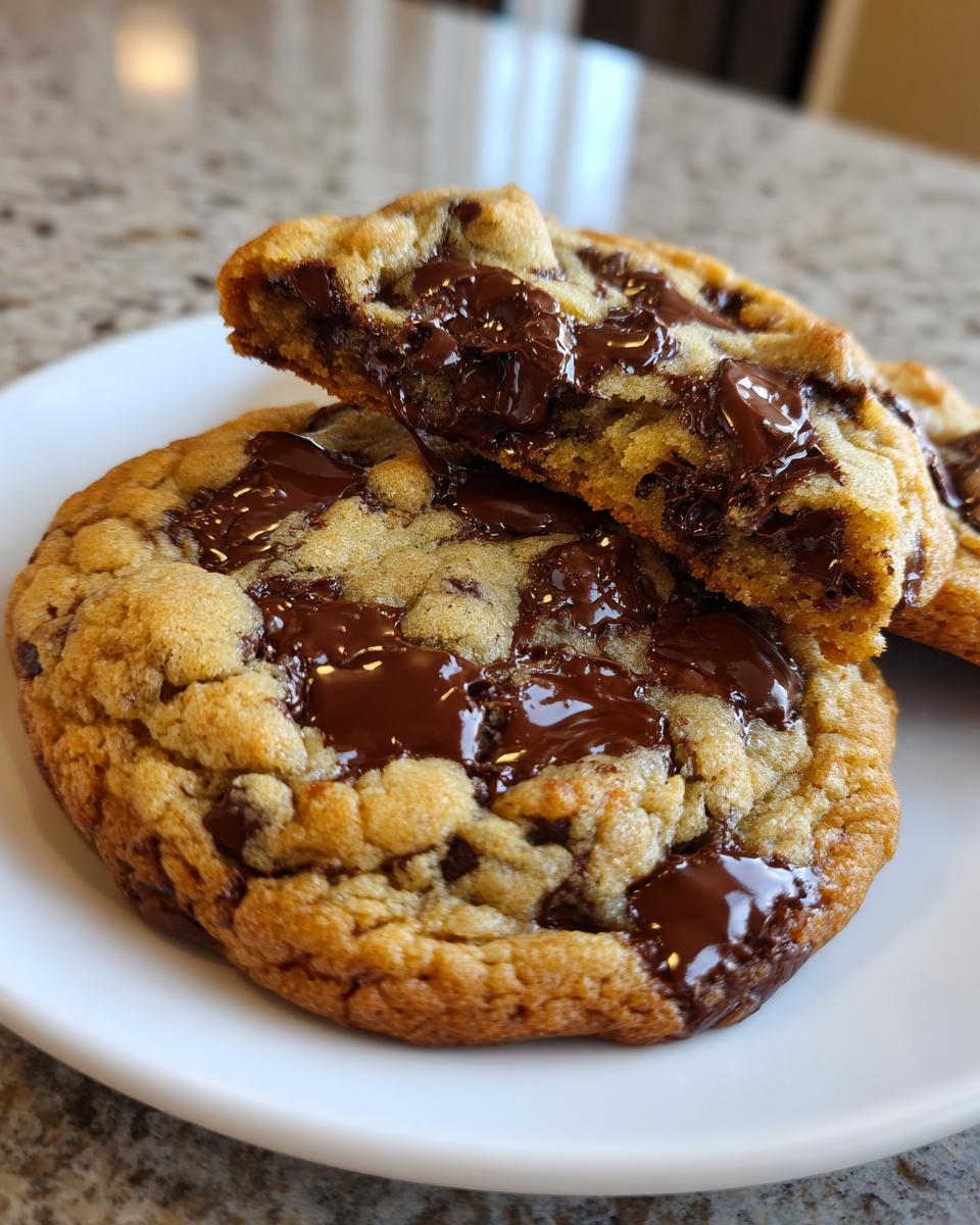 Close-up of a gooey chocolate chip cookie broken open, showing melted chocolate chips inside.