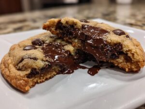 A warm chocolate chip cookie broken in half showing molten, gooey chocolate filling oozing out.