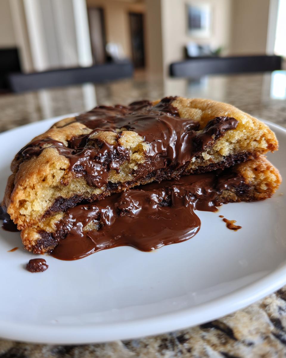 A warm chocolate chip cookie cut in half, showing melted, gooey chocolate filling oozing onto a white plate.