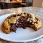 Close-up of a freshly baked chocolate chip cookie with a bite taken out, showing molten, gooey chocolate chips.