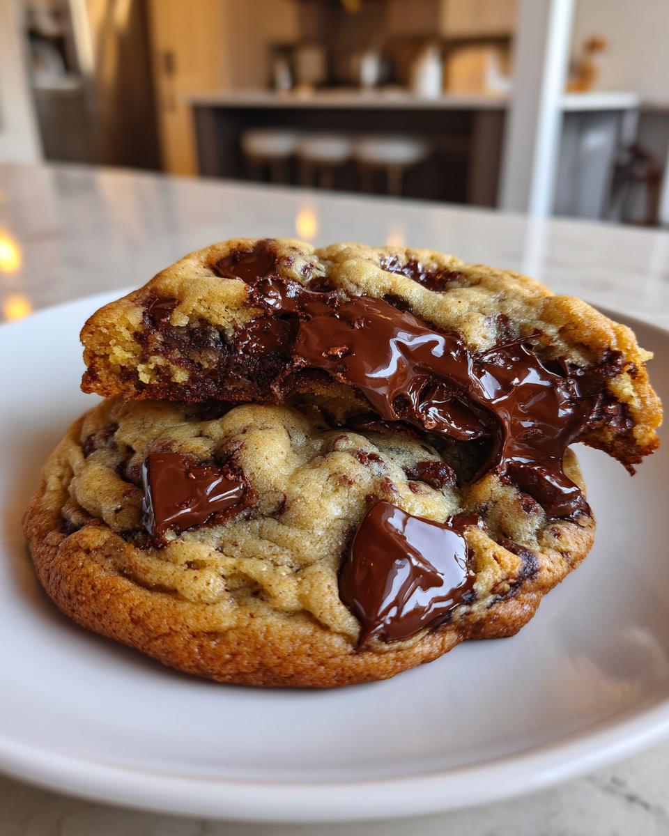 Two halves of a warm chocolate chip cookie broken open to show the molten, gooey chocolate center.
