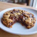 A freshly baked chocolate chip cookie with a bite taken out, revealing a gooey, melted chocolate center.