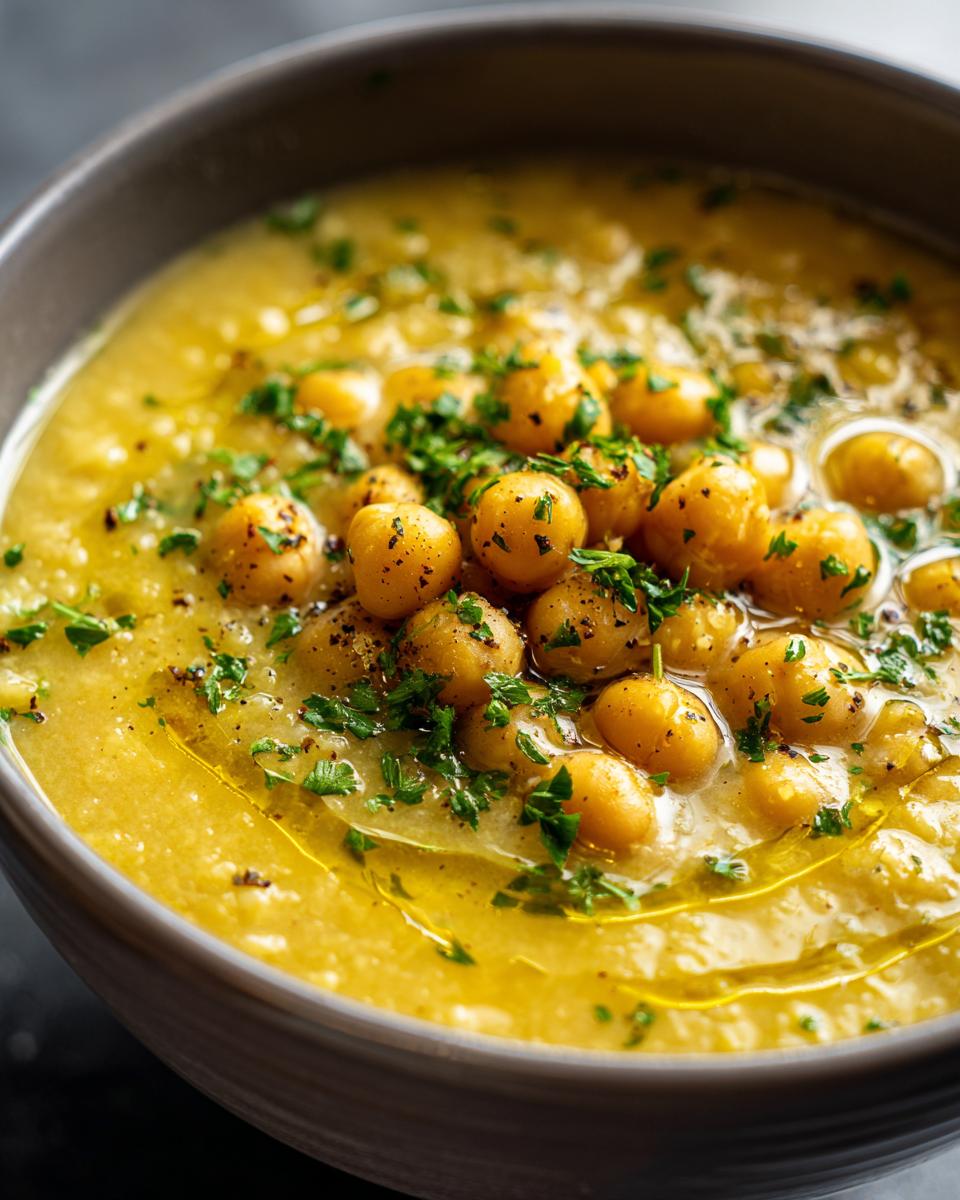 Close-up of a creamy, yellow Greek chickpea soup topped with whole chickpeas, fresh parsley, and a drizzle of olive oil.