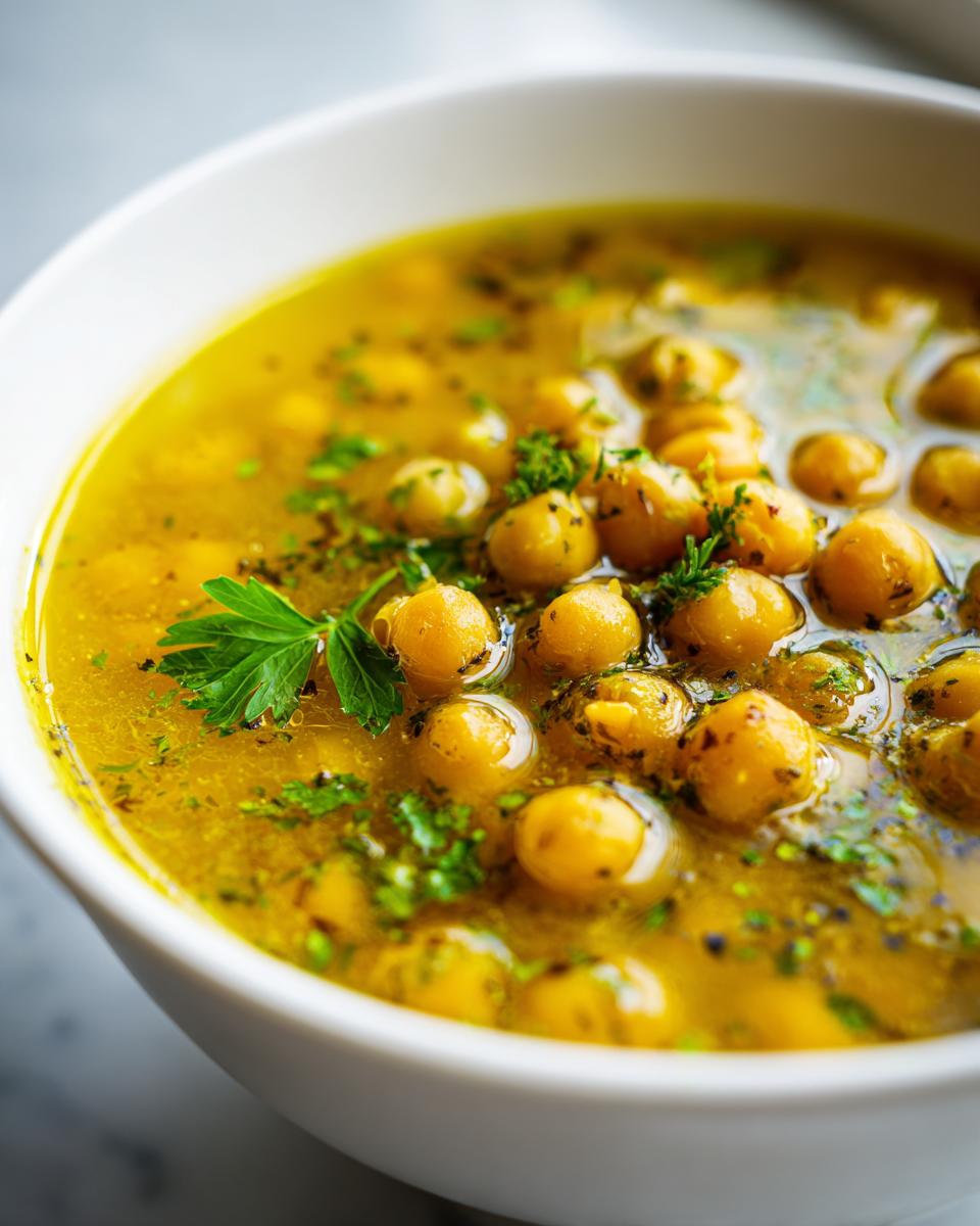 Close-up of vibrant yellow Greek chickpea soup garnished with fresh parsley in a white bowl.
