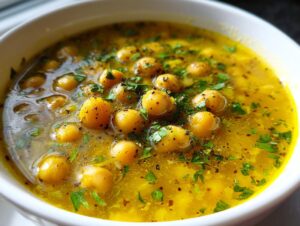 Close-up of a bright yellow bowl of greek chickpea soup, topped with whole chickpeas and fresh parsley.