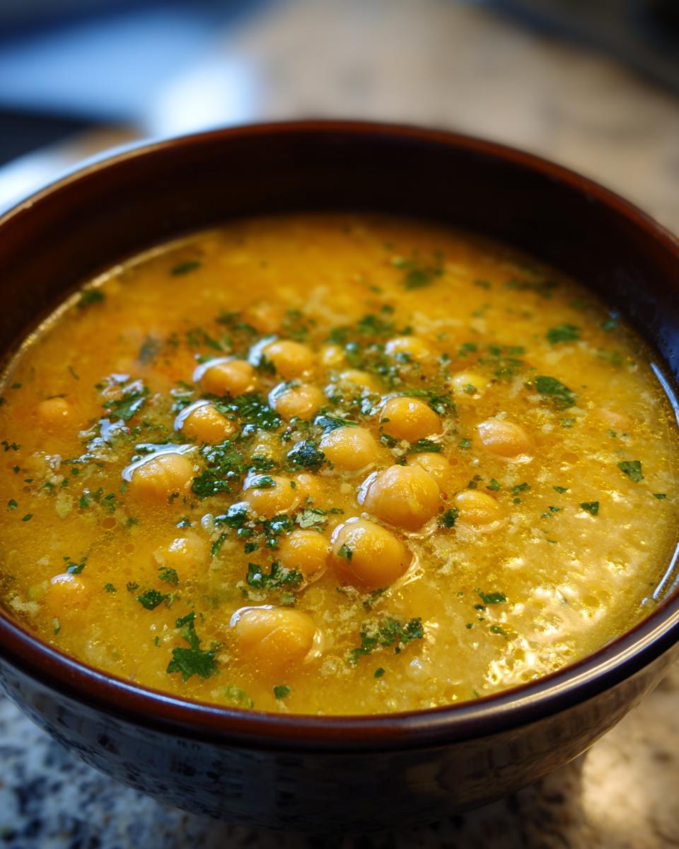 Close-up of a rich, yellow Greek chickpea soup topped generously with fresh chopped parsley.