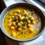Close-up of a bowl of vibrant yellow greek chickpea soup, topped generously with fresh chopped parsley.