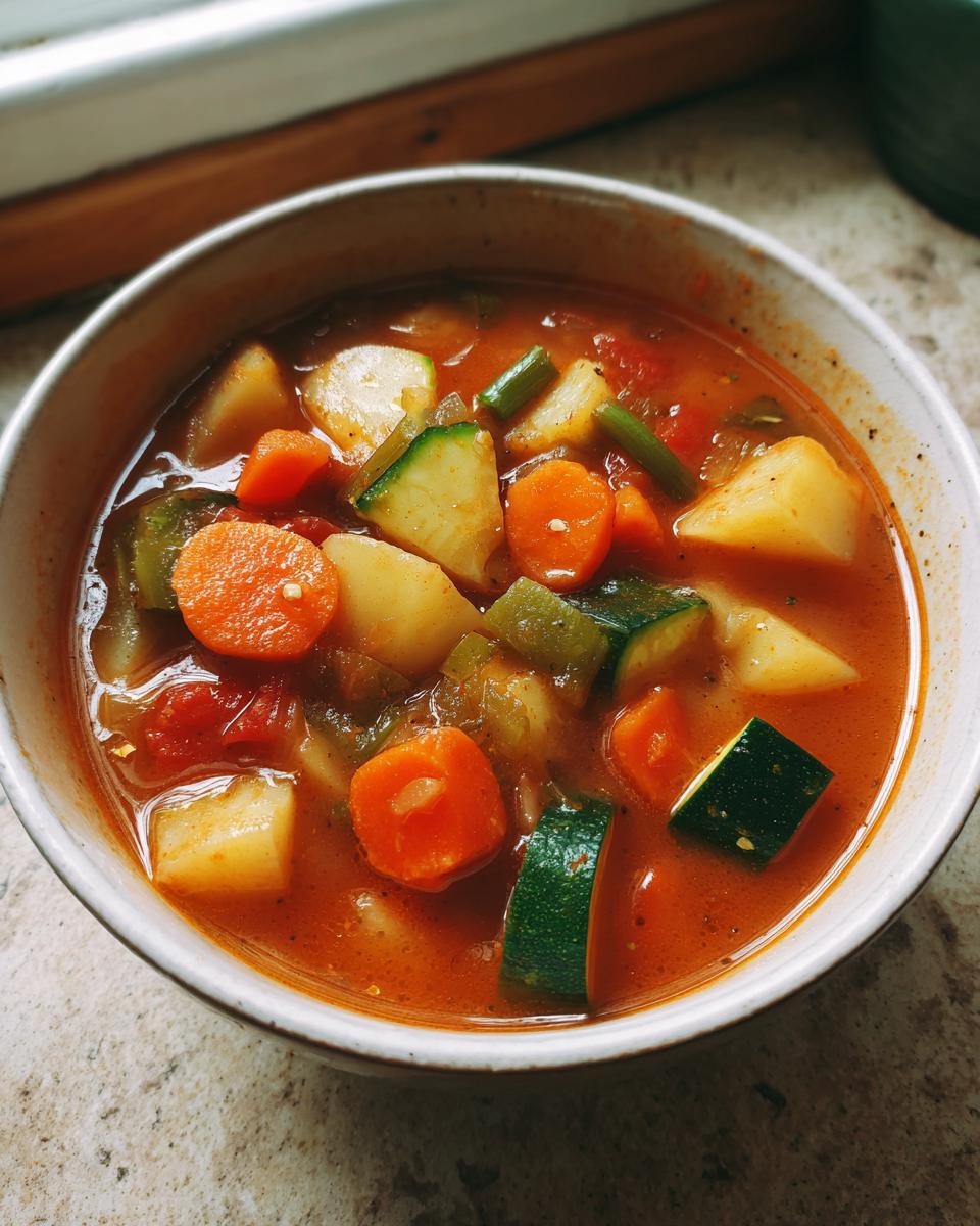 Close-up of a bowl filled with chunky, tomato-based vegetable soup featuring carrots, zucchini, and potatoes.