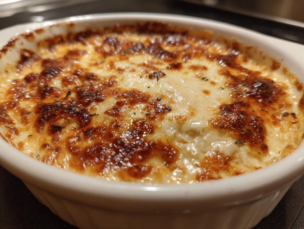 Close-up of a hot crab dip recipe, bubbling and topped with perfectly browned, melted cheese.