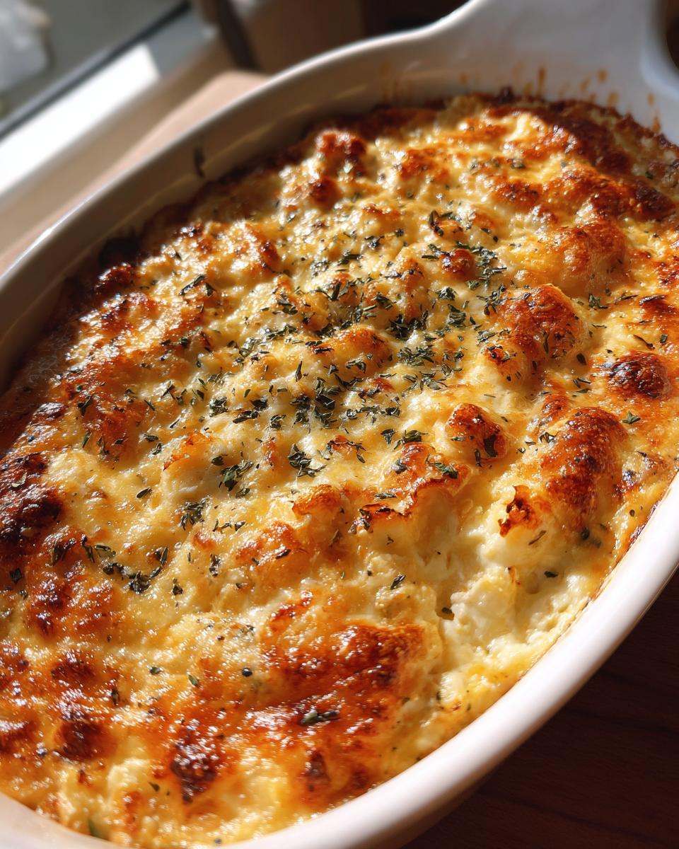 Close-up of a hot crab dip recipe baked in a white dish with a golden, bubbly, cheesy top sprinkled with herbs.