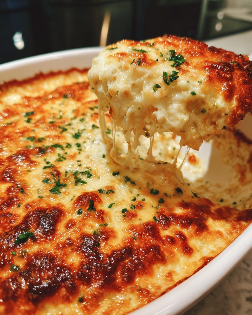 A spoonful of hot crab dip is lifted, showing melted cheese strings and a golden-brown top.