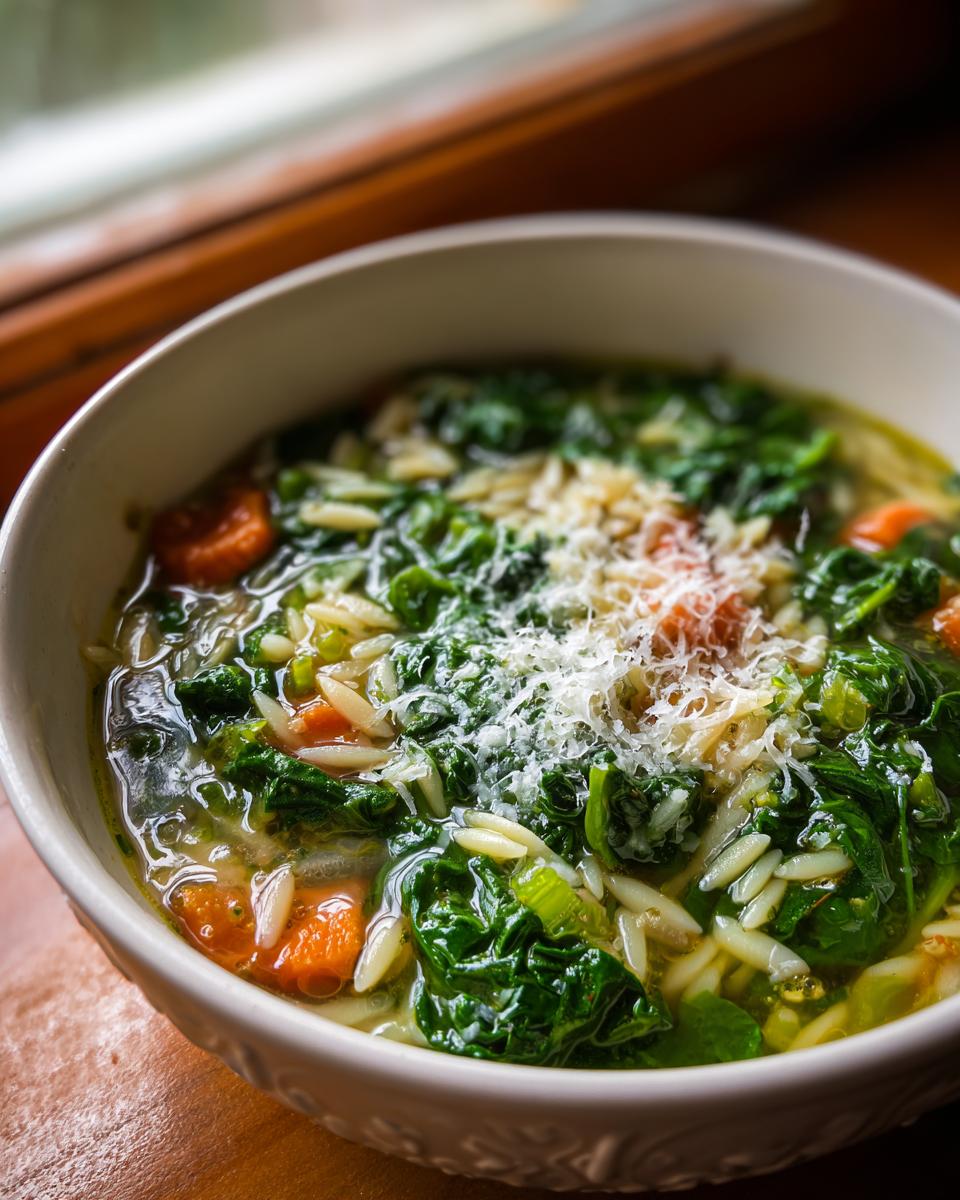 A close-up of a bowl of italian orzo spinach soup topped with grated parmesan cheese and visible carrots.