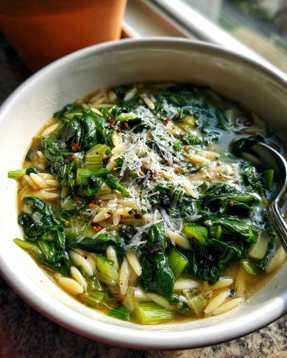 Close-up of a bowl of vibrant italian orzo spinach soup topped with grated parmesan cheese and chili flakes.