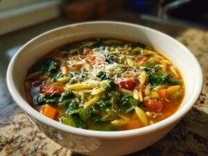 A close-up of a steaming bowl of italian orzo spinach soup topped with grated parmesan cheese.
