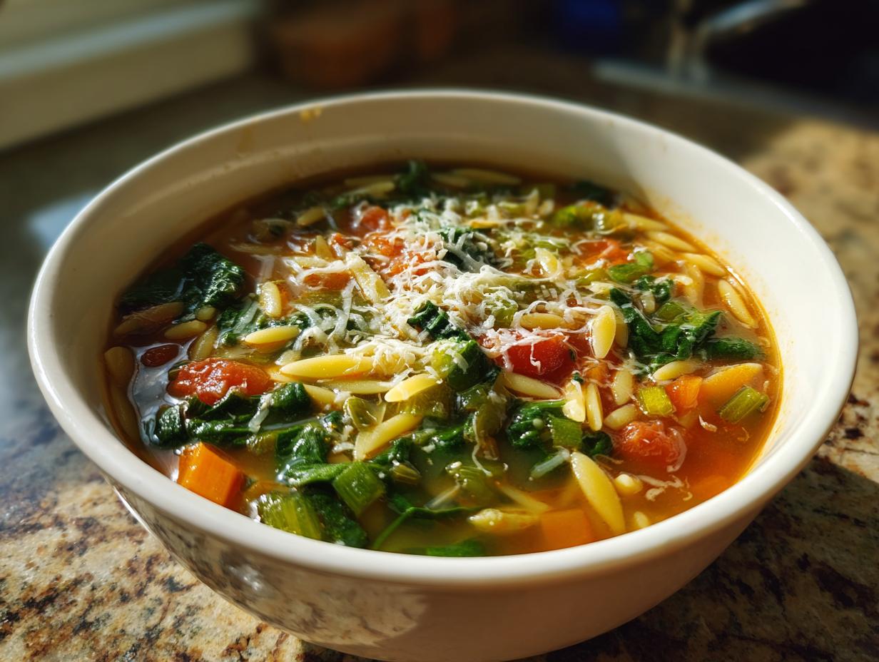 A close-up of a steaming bowl of italian orzo spinach soup topped with grated parmesan cheese.