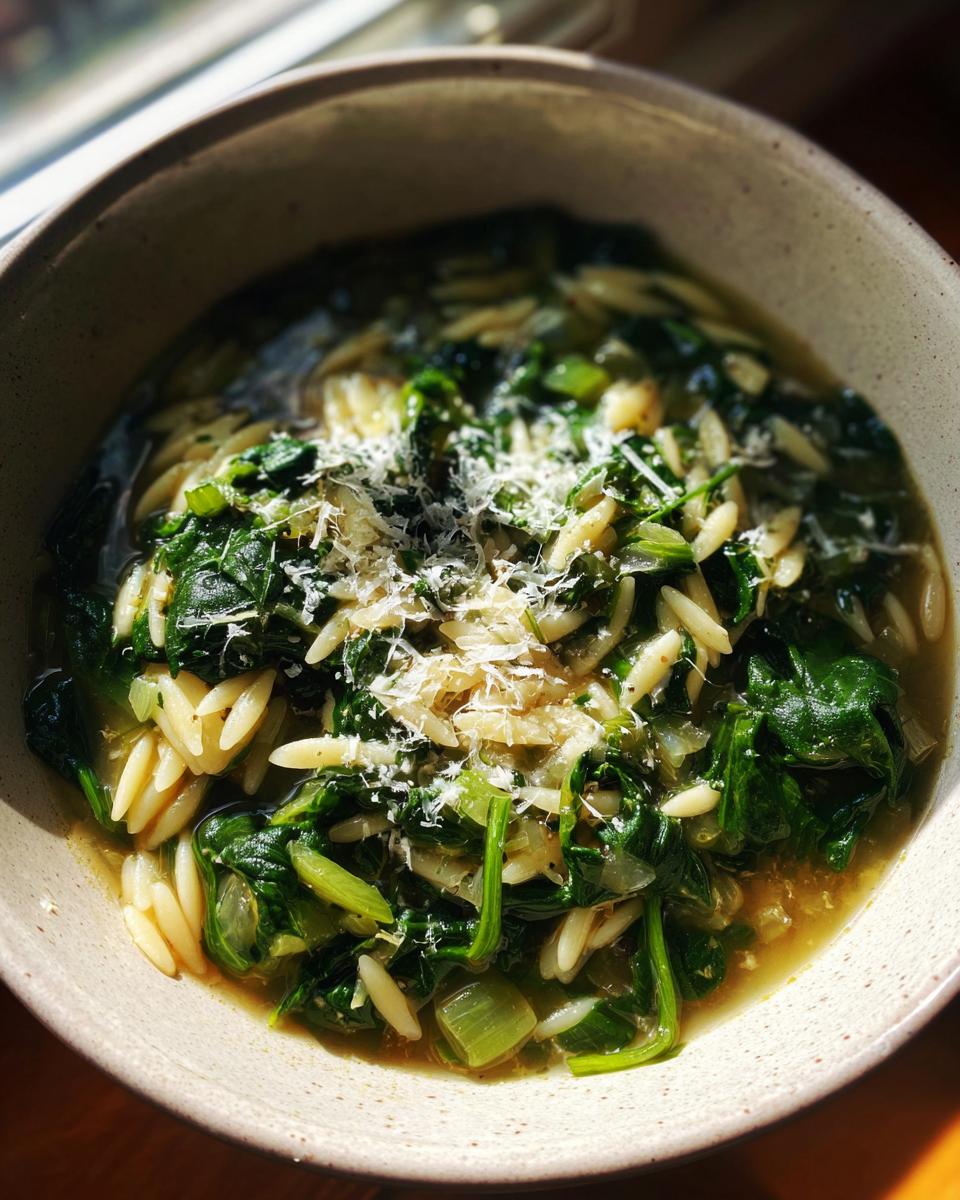 A close-up of a bowl of Italian orzo spinach soup, topped with grated Parmesan cheese, catching bright sunlight.