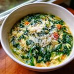 Close-up of a bowl of Italian orzo spinach soup generously topped with grated Parmesan cheese.
