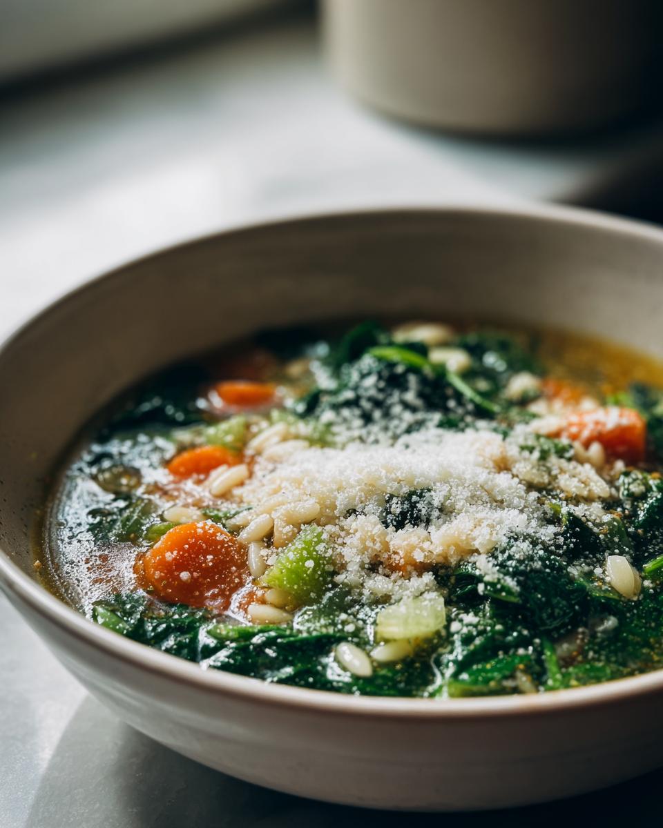A close-up bowl of vibrant italian orzo spinach soup topped generously with grated Parmesan cheese.