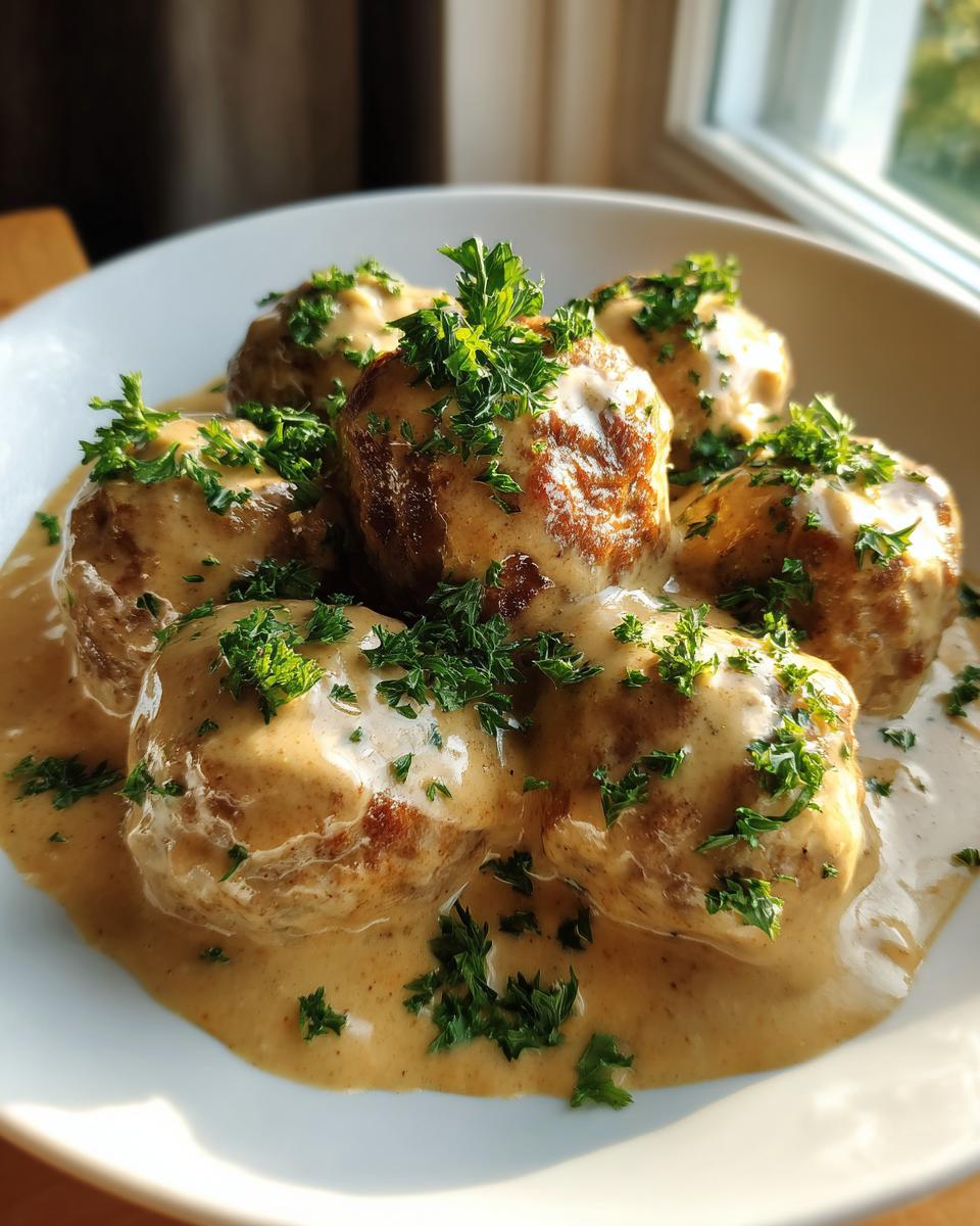 Close-up of several juicy swedish meatballs smothered in creamy brown gravy and topped with fresh parsley.