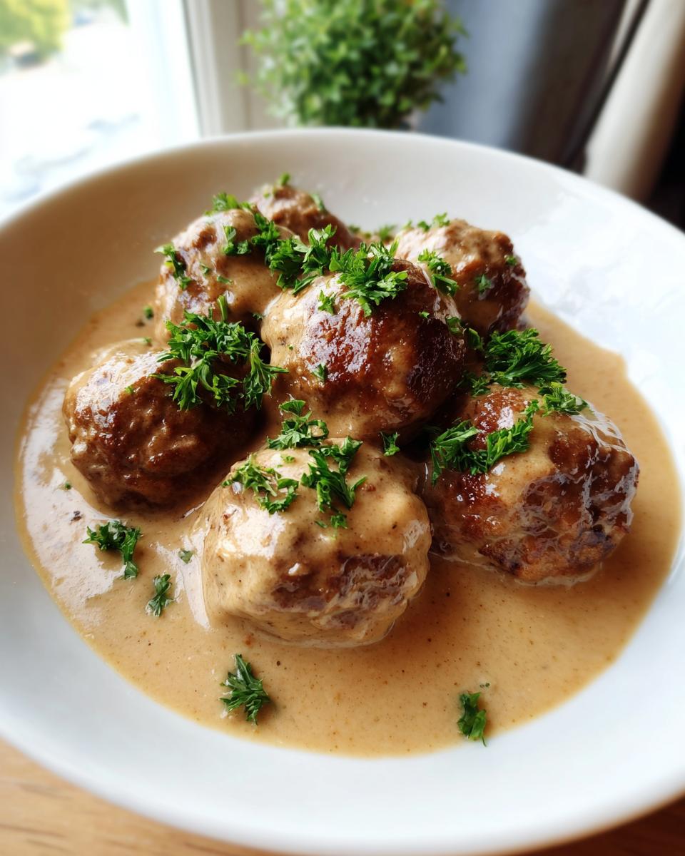 Close-up of juicy swedish meatballs smothered in creamy brown gravy and topped with fresh parsley.
