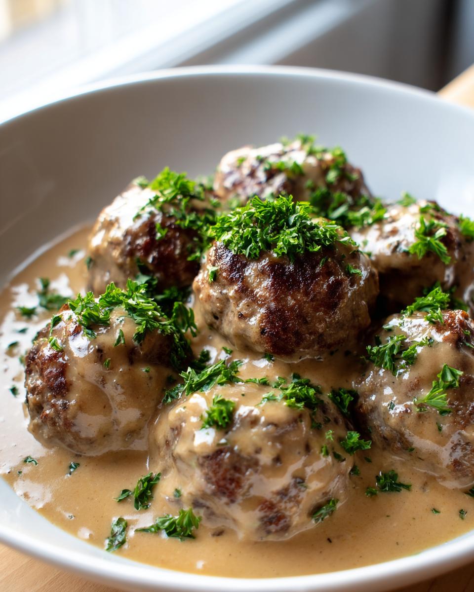 Close-up of juicy swedish meatballs smothered in creamy brown gravy and topped with fresh parsley.