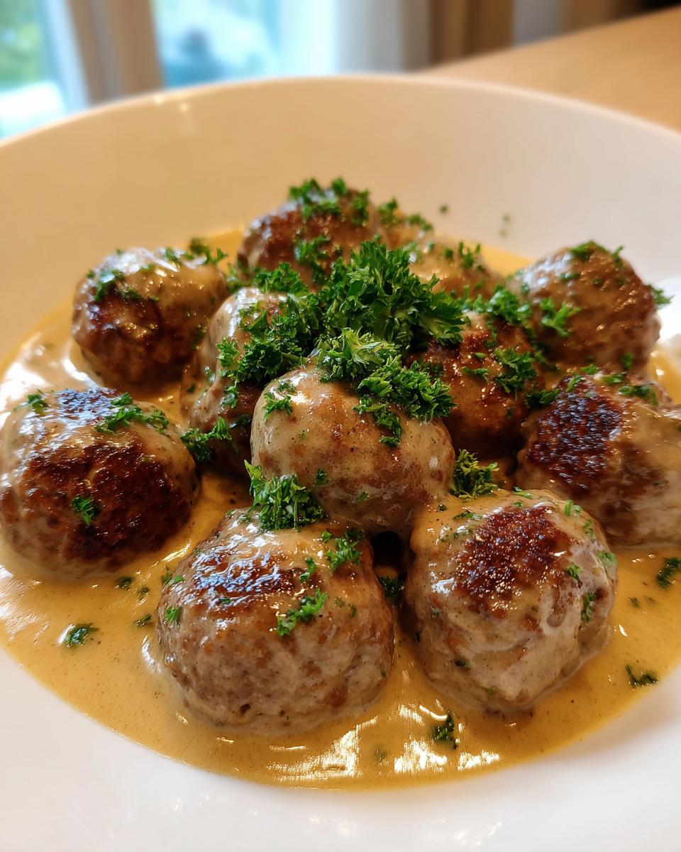 Close-up of several juicy swedish meatballs covered in creamy brown gravy and topped with fresh parsley.