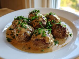 A plate of six juicy swedish meatballs covered in creamy brown gravy and garnished with fresh chopped parsley.