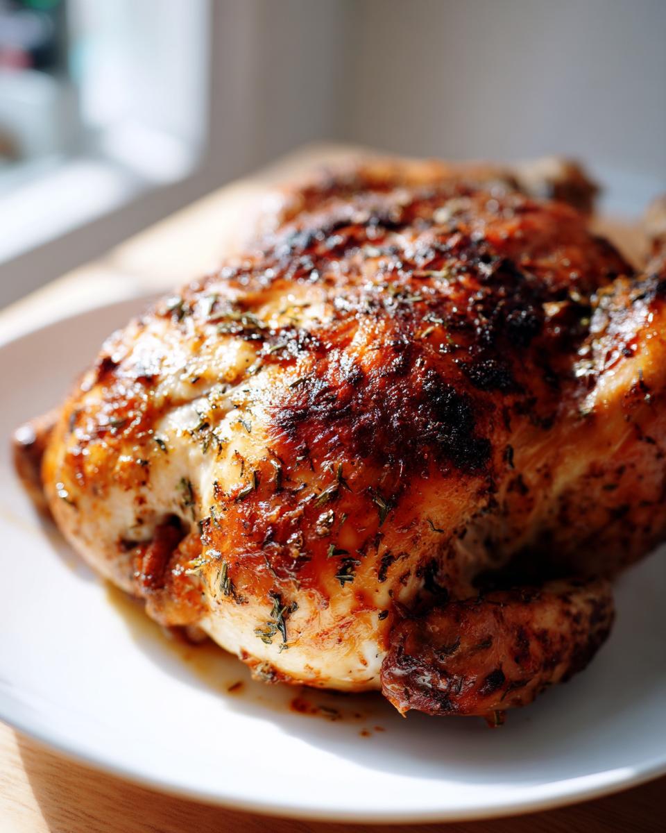 Close-up of a juicy, roasted whole chicken with dark, herb-crusted, crispy skin resting on a white plate.