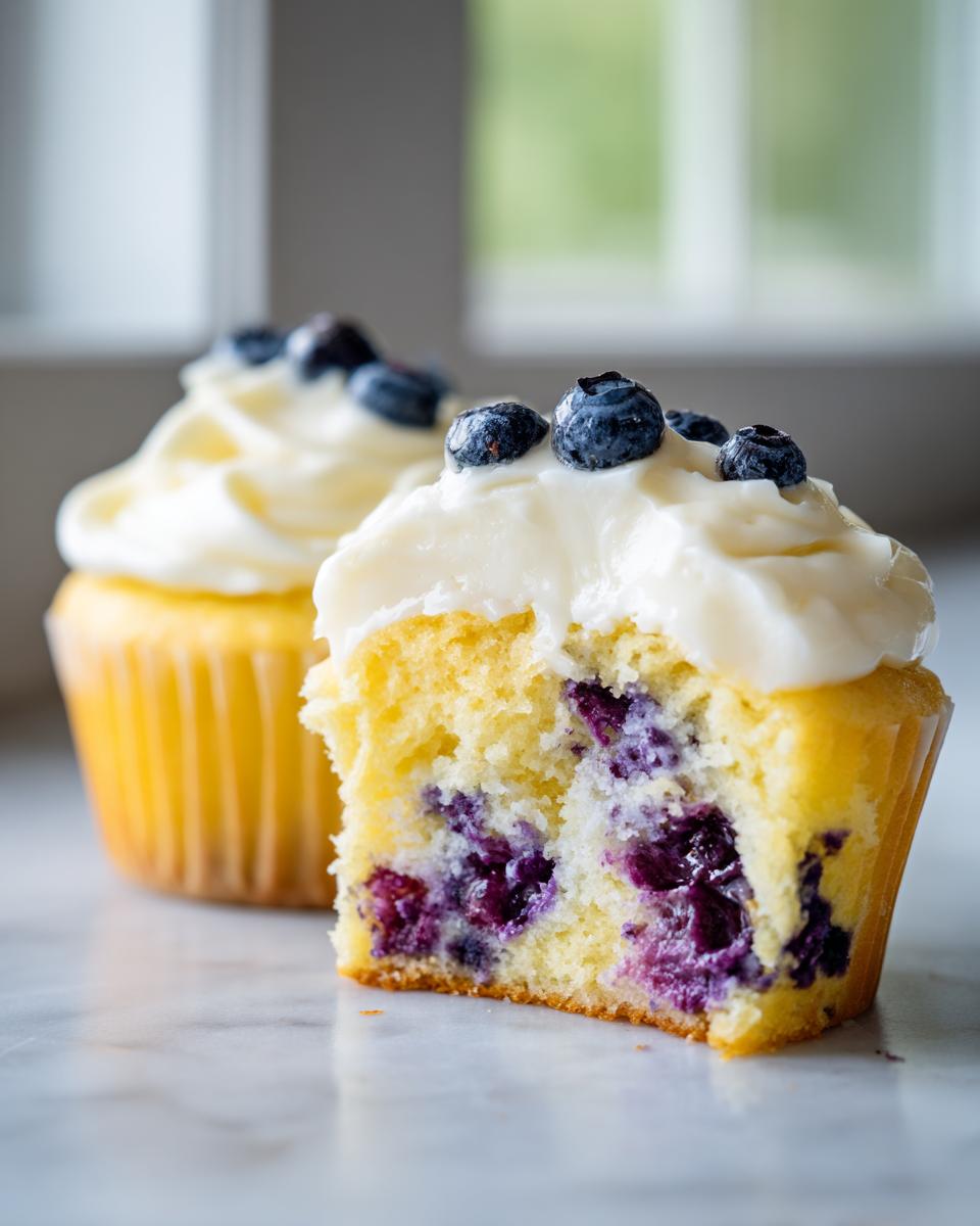 Close-up of a lemon blueberry cupcake cut in half showing moist crumb and bursting blueberries, topped with cream cheese frosting.