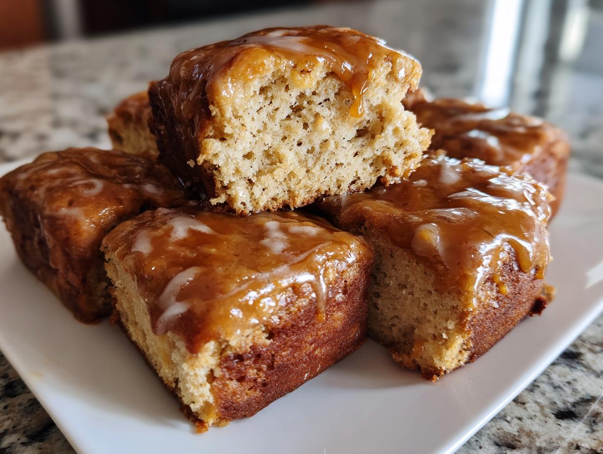 Close-up of several moist maple donut bars stacked, topped with a thick, dripping maple glaze.
