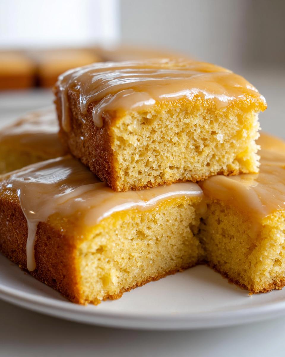 Close-up of stacked maple donut bars with a thick, dripping maple glaze on a white plate.