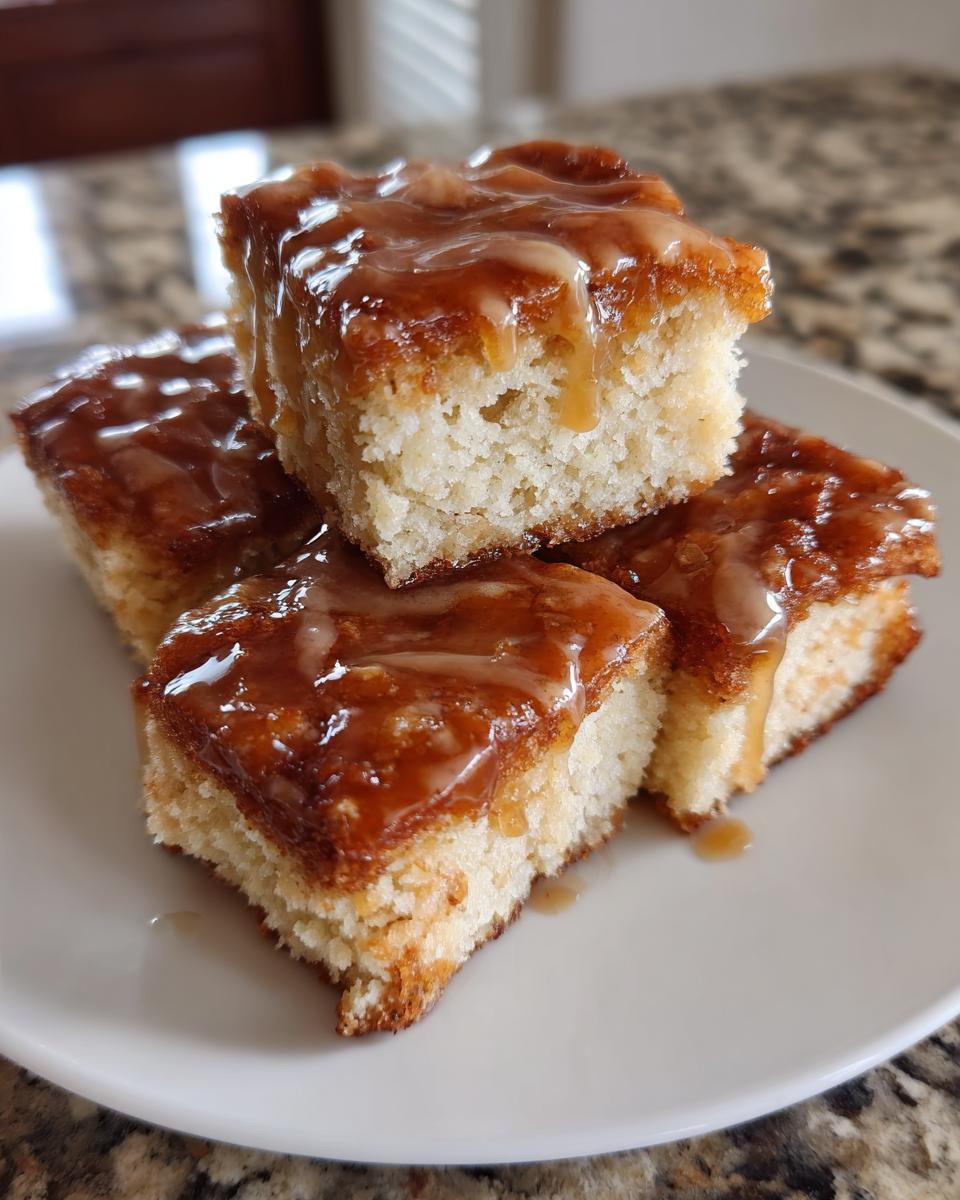 Close-up of stacked maple donut bars with thick, dripping maple glaze on a white plate.
