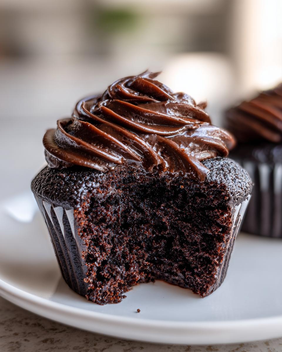 Close-up of a chocolate cupcake with a bite taken out, showing the moist crumb and thick chocolate frosting.