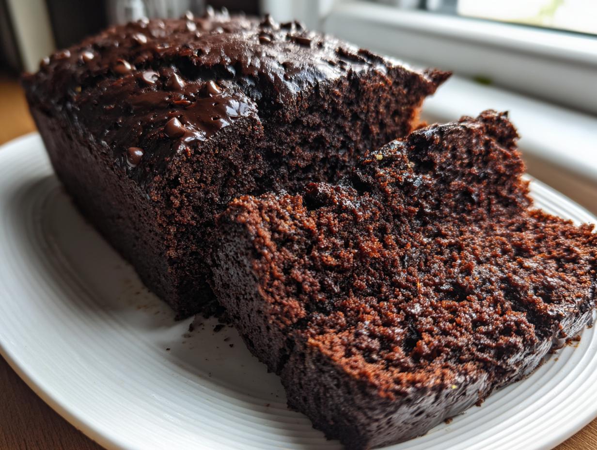 A close-up of a rich, dark chocolate zucchini bread loaf, partially sliced, showing its moist texture and chocolate chip topping.