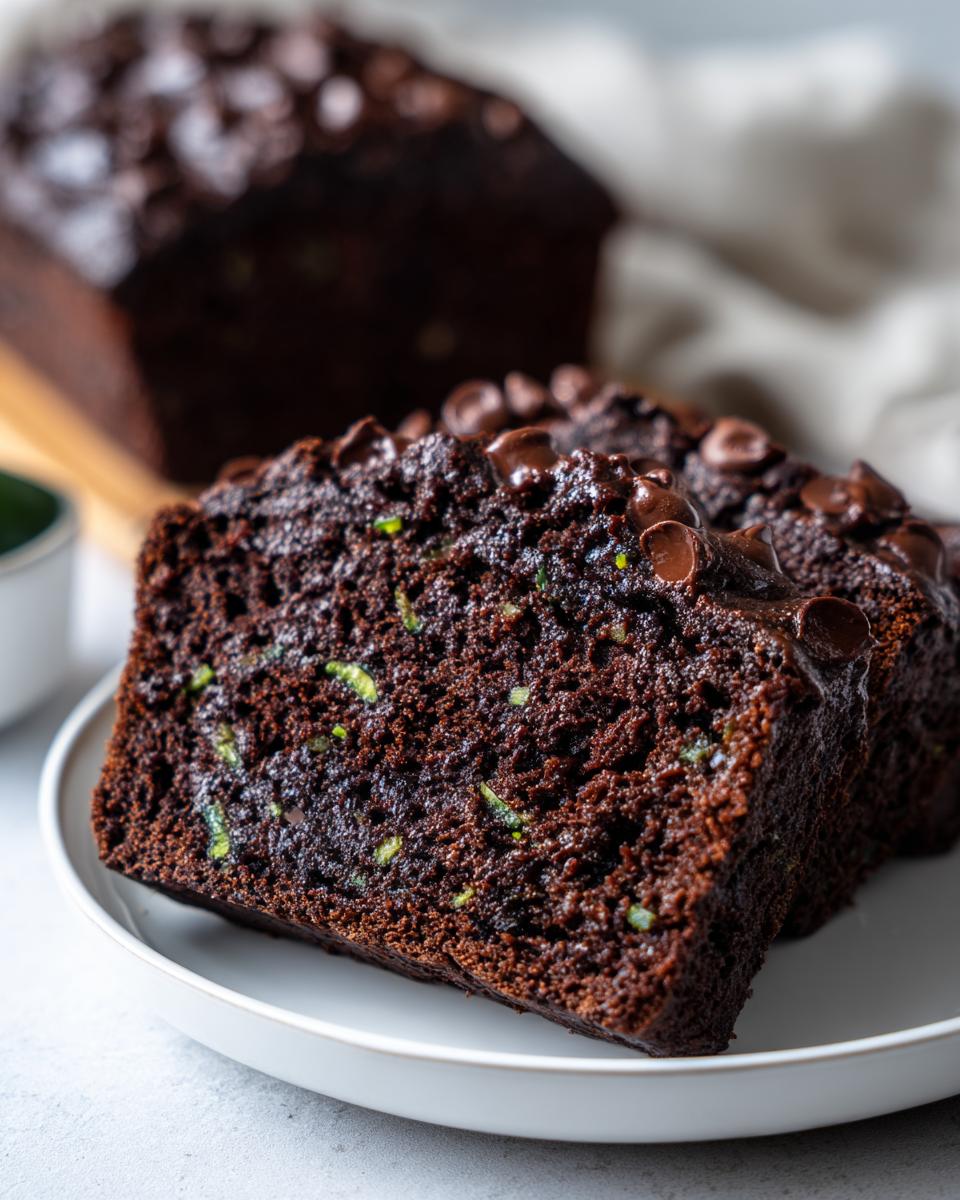 Close-up of two moist slices of dark chocolate zucchini bread topped with melted chocolate chips.